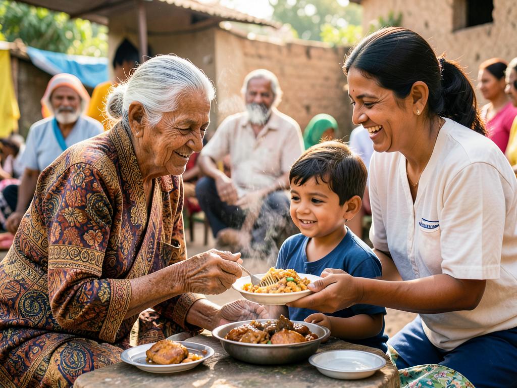 Volunteer serving a child and elder
